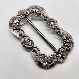 Trifari Silver Tone Victorian Style Brooch Sash Pin Scroll Rectangle Scarf